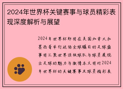 2024年世界杯关键赛事与球员精彩表现深度解析与展望